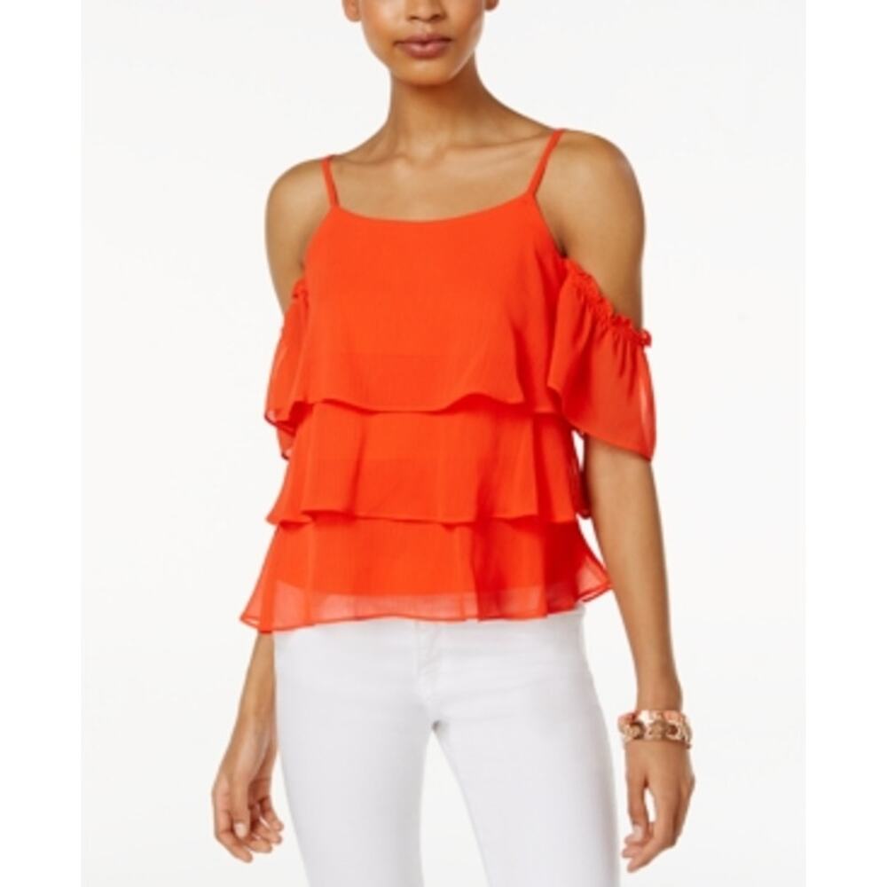 Bcx Juniors' Tiered Cold-Shoulder Top, Tangerine, XXS, Ruffled Design Blouse